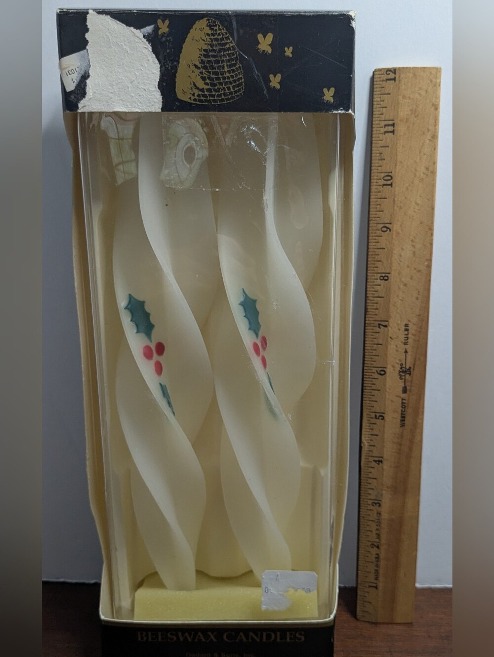 NOS Vtg 12 in.Decorative Xmas Candles Feather Tapers Holy Berries Dadant & Sons